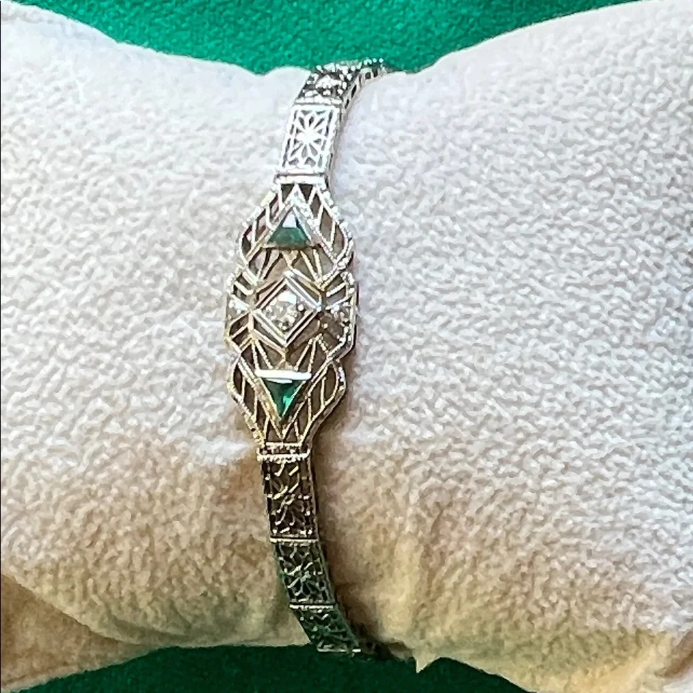 Vintage 14k white gold with diamond and emeralds - Picture 3 of 5